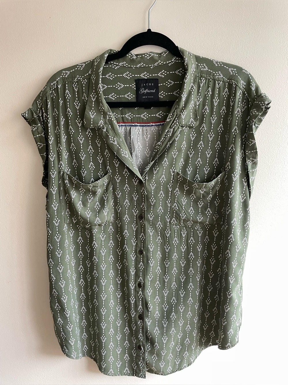 JACHS Girlfriend Olive Print Camp Collar Shirt Rayon XL Relaxed
